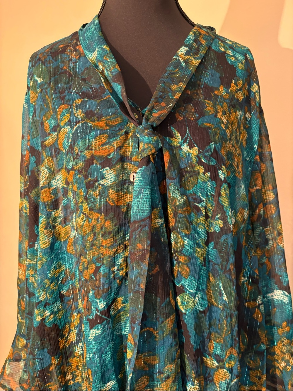 Sheer Teal & Gold Floral Tie-Neck Blouse-with Glimmering Silver Threading! - Picture 7 of 16